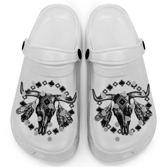 Vintage Cow Bull Skull Boho Southwestern Aztec Fea Clogs