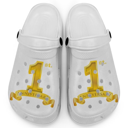 first 1st anniversary. big number and ribbon text Clogs
