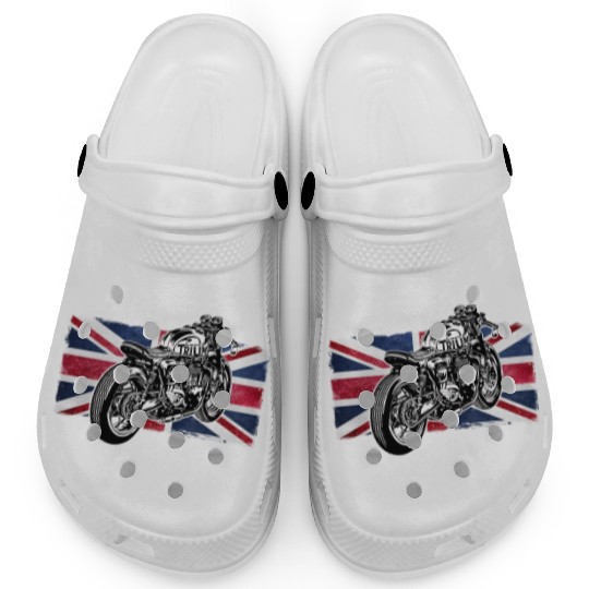 Cafe Racer Bike, Distressed UK Flag Vintage Ride Clogs