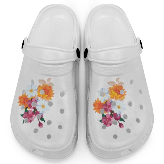 Beautiful face with colorful flowers . Clogs