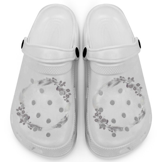 delicate frame of silver colored feathers & leaves Clogs