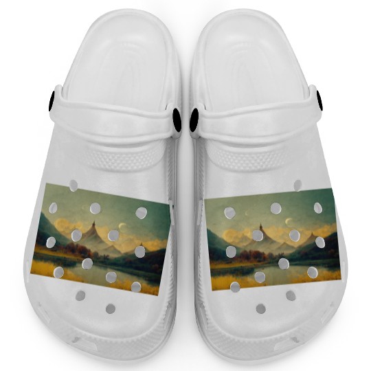 Mountain Lake Golden Landscape Painting Clogs