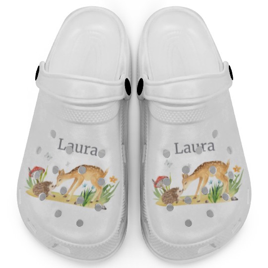 Forest Animal Deer Hedgehog Flowers Name Laura Clogs