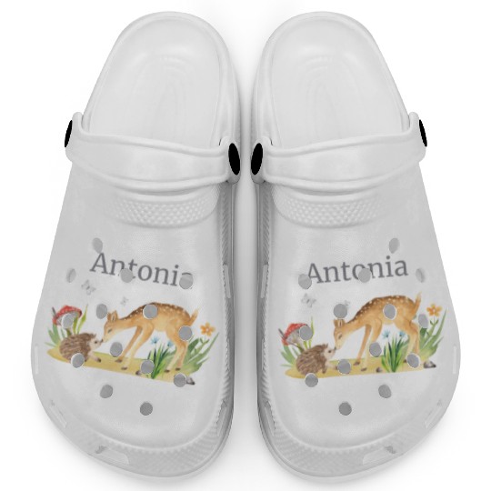 Forest Animal Deer Hedgehog Flowers Name Antonia Clogs