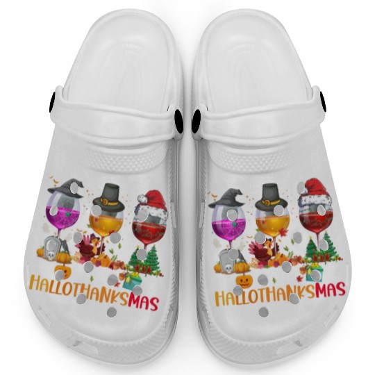 Wine Glasses Witch Santa hat Happy Hallothanksmas Clogs