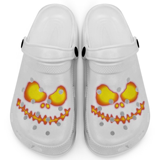 Scary pumpkin face with neon effect and fire color Clogs