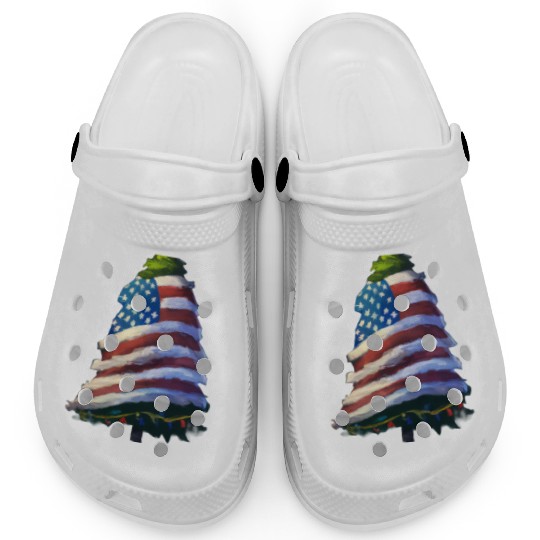 Patriotic Christmas Tree Wrapped In US Flag Clogs