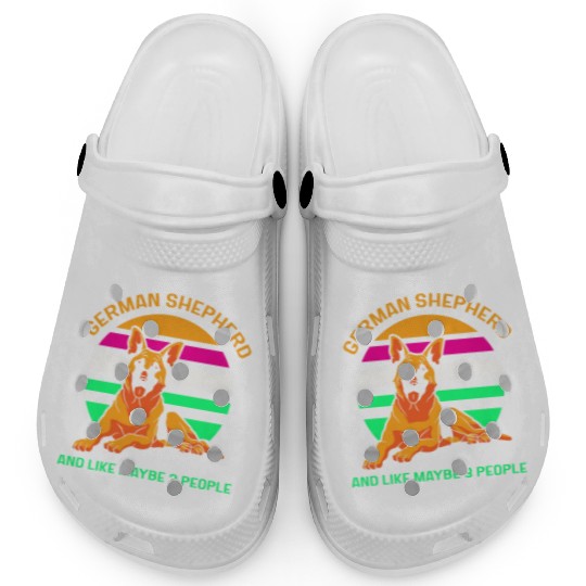 German Shepherd and like maybe 3 people Clogs