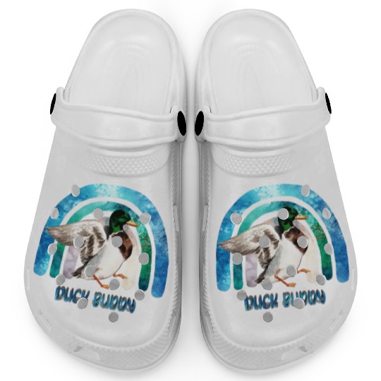 Duck Buddy - Funny Duck And Blue Green Rainbow Clogs
