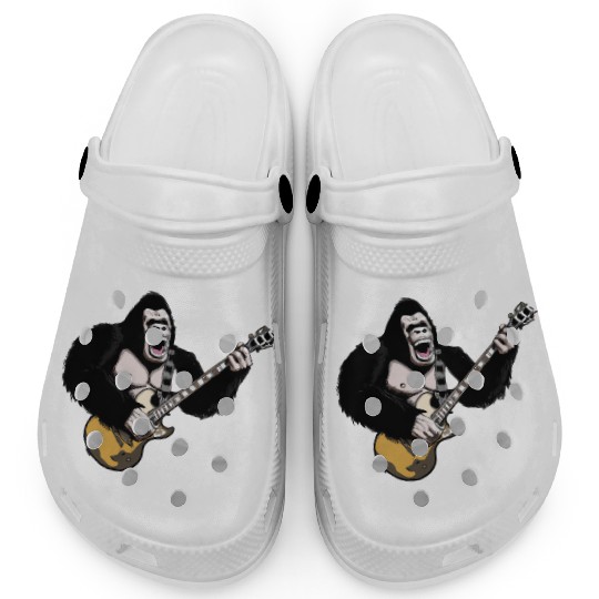 Huge ape playing electric guitar. Clogs