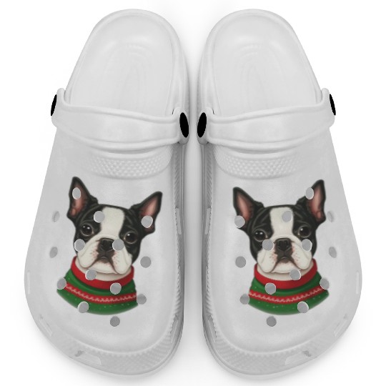 Festive Boston Terrier in a Christmas Sweater Clogs