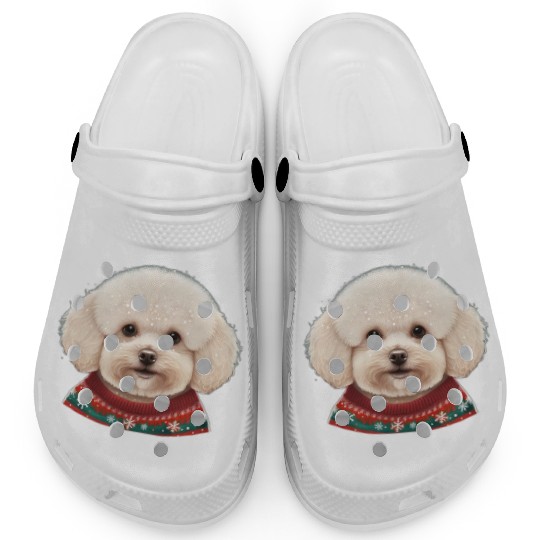 Festive Bichon Frise in a Christmas Sweater Clogs