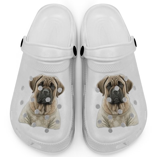 Festive English Mastiff in a Christmas Sweater Clogs