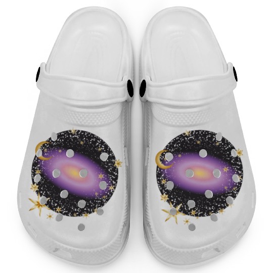 glowing violet galaxy with moon and stars Clogs