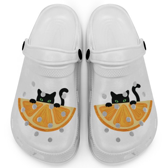 Are You see Me? Black Cat Hiding Behind Orange. Clogs