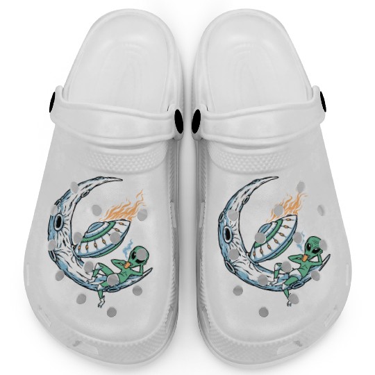 Alien lounging on moon coffee Clogs