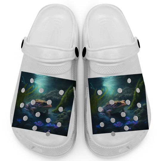 A toad in a creek the toad has blue glowing eyes Clogs