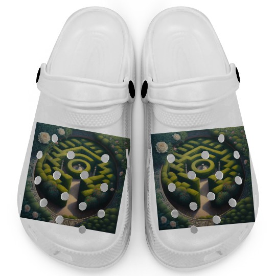 A garden with hedges and flowers Clogs