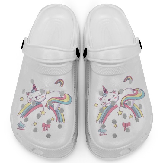 Unicorn Kawaii Cat Cartoon Over Rainbow Clogs