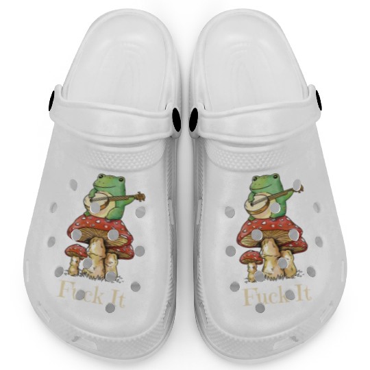 Cottagecore Frog Playing Guitar says Fuck It Clogs