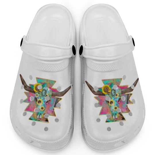 Colorful Floral Bull Skull Clogs
