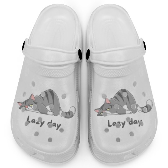 Gray Cat Cartoon with lazy day design Clogs