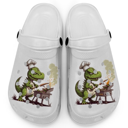 Baby Dinosaur Using A Charcoal Grill Cooking Meat Clogs