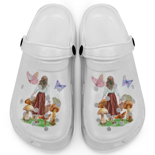 CottageCore girl mushrooms frog butterflies Clogs