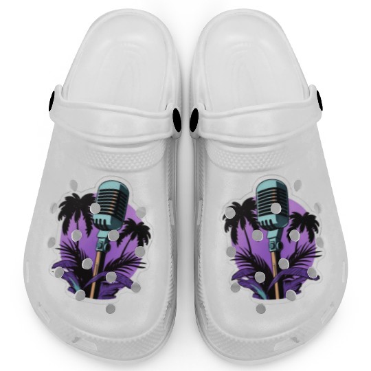 Microphone surrounded by palm trees, flat colors, Clogs