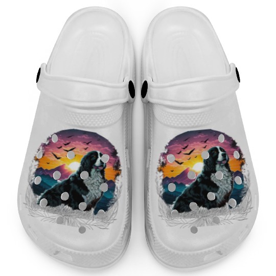 Bernese Mountain Dog with Mountain Sunrise view Clogs