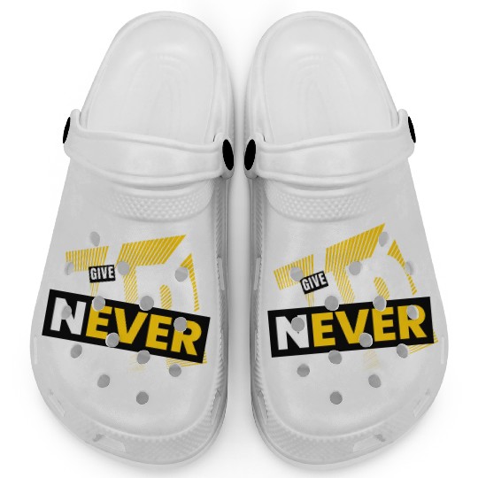 White Yellow Typography Never Give Up Clogs
