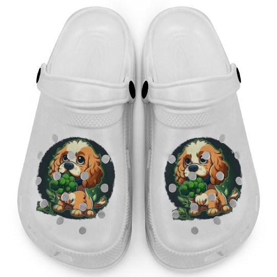 Cute dog eats green broccoli vegetables Clogs