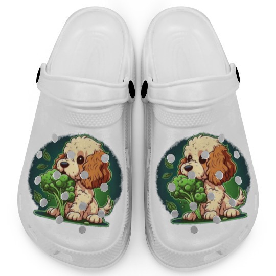 Cute dog eats green broccoli vegetables Clogs