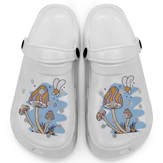 A mushroom with a bee flying over it Unisex Clogs