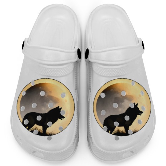 Wolf howling at the moon graphic Clogs