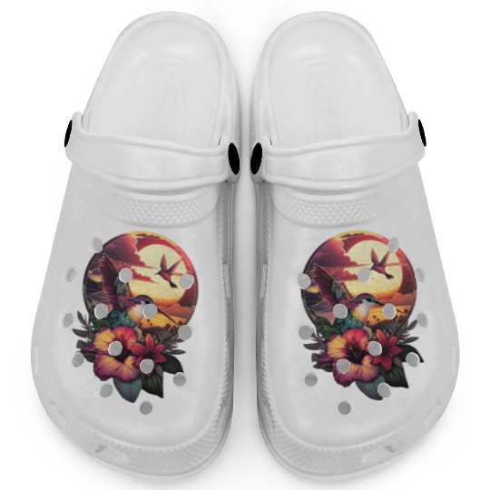 Hummingbird flies over hibiscus flower Tropical Clogs