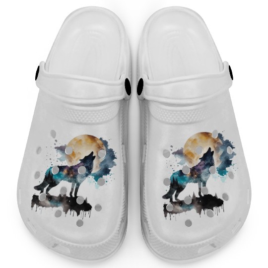 Mountain Wolf Multicolor Watercolor Portrait Clogs