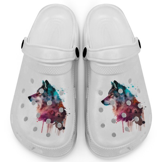 Wolf Multicolor Watercolor Portrait Clogs