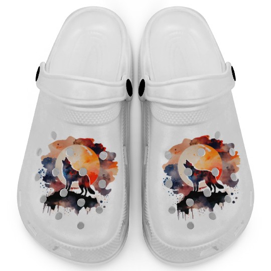 Wolf Howling at Moon Watercolor Clogs