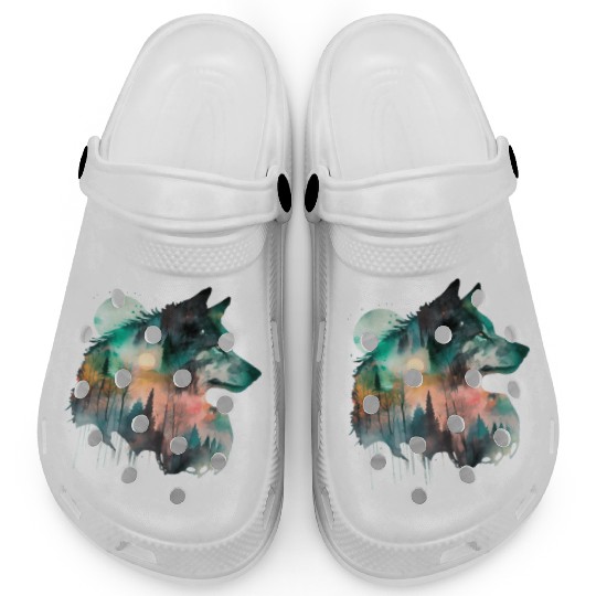 Forest Wolf Watercolor Portrait Clogs