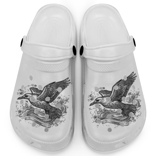 Elegant Flying Seagull Over The Water Clogs