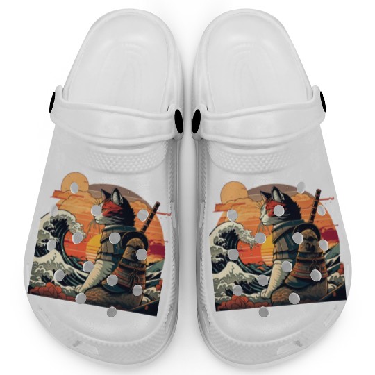 Retro samurai cat The Great Wave Hokusai Clogs