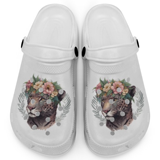 Watercolor Jaguar Flower Crown Wild Cat Lover Clogs