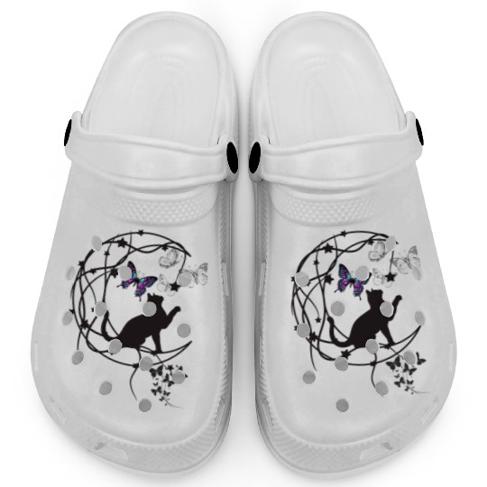 Decorative Black Cat Silhouette With Butterflies Clogs