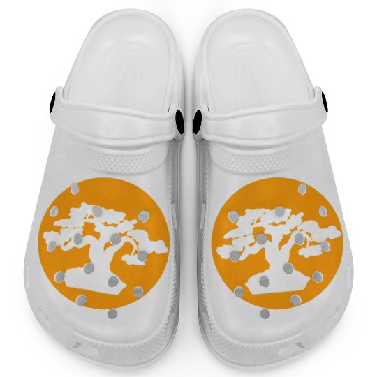 Japanese Bonsai Tree with Orange Sunset Clogs