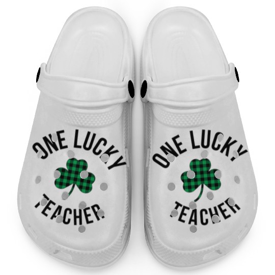 One Lucky Teacher Buffalo Plaid Green Shamrock Clogs