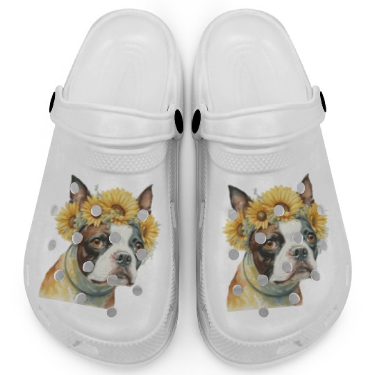 Cute Boston Terrier Sunflower Dog Breed Pet Puppy Clogs