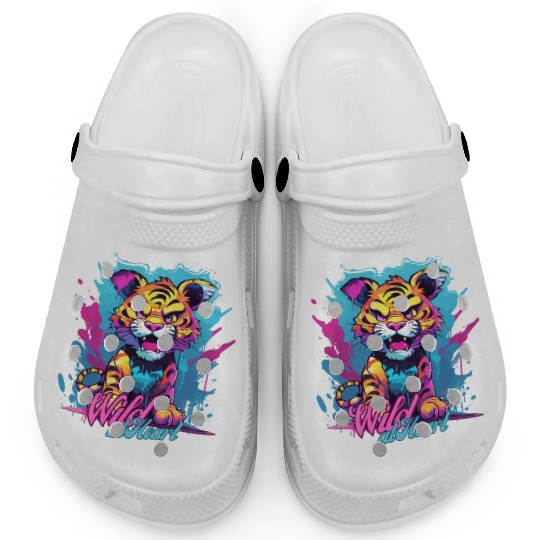 Vibrant Synthwave Sabertooth Tiger Graffiti Kids Clogs
