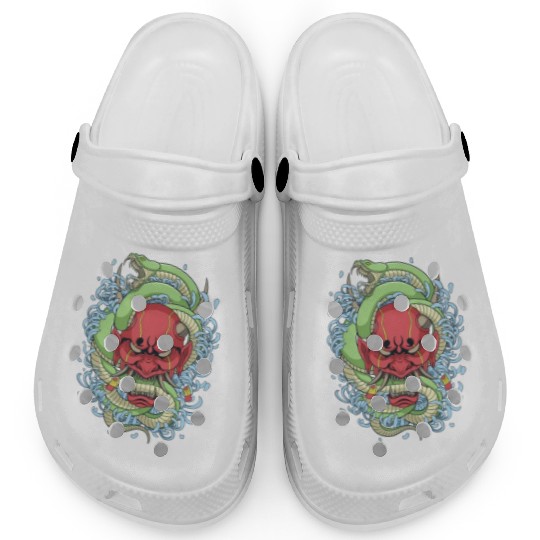 Japanese oni mask with peony flower and greem snak Clogs