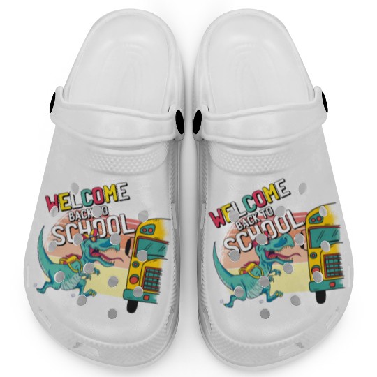 Funny T-Rex Running to School Bus Welcome Back to Clogs